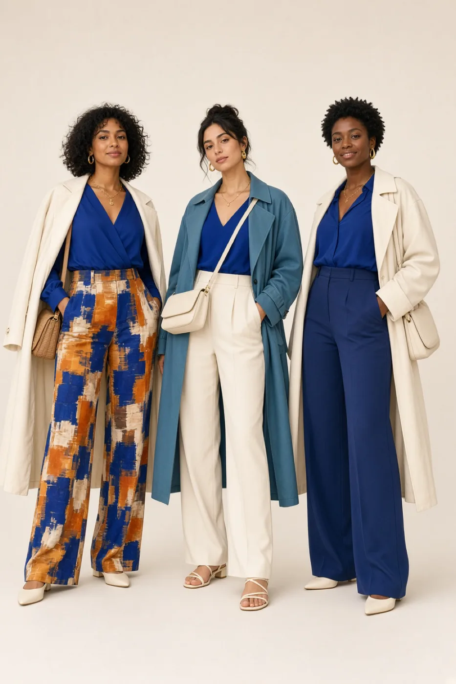 Three women in three different outfits, each built around blue and styled with its companion colors and neutrals