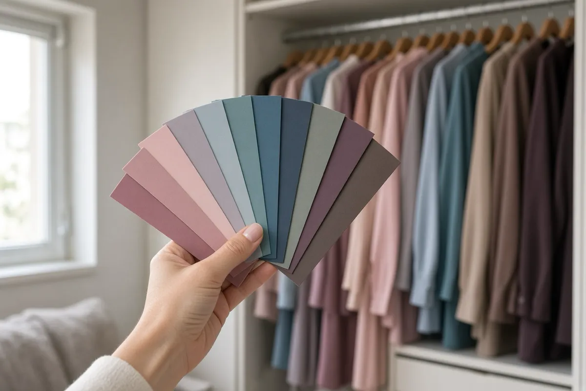 A hand holds an open fan of plain color swatch cards in muted cool tones in front of an open wardrobe of hanging clothes.