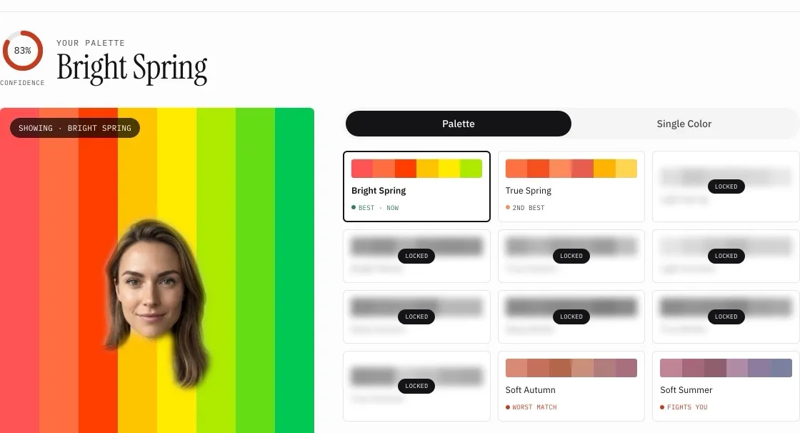 The first page of a Bright Spring color report, a face draped on the Bright Spring palette, with all twelve seasons ranked