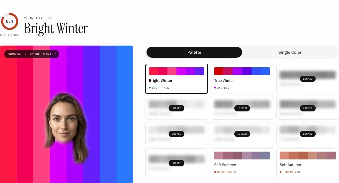 The first page of a Bright Winter color report, a face draped on the Bright Winter palette, with all twelve seasons ranked