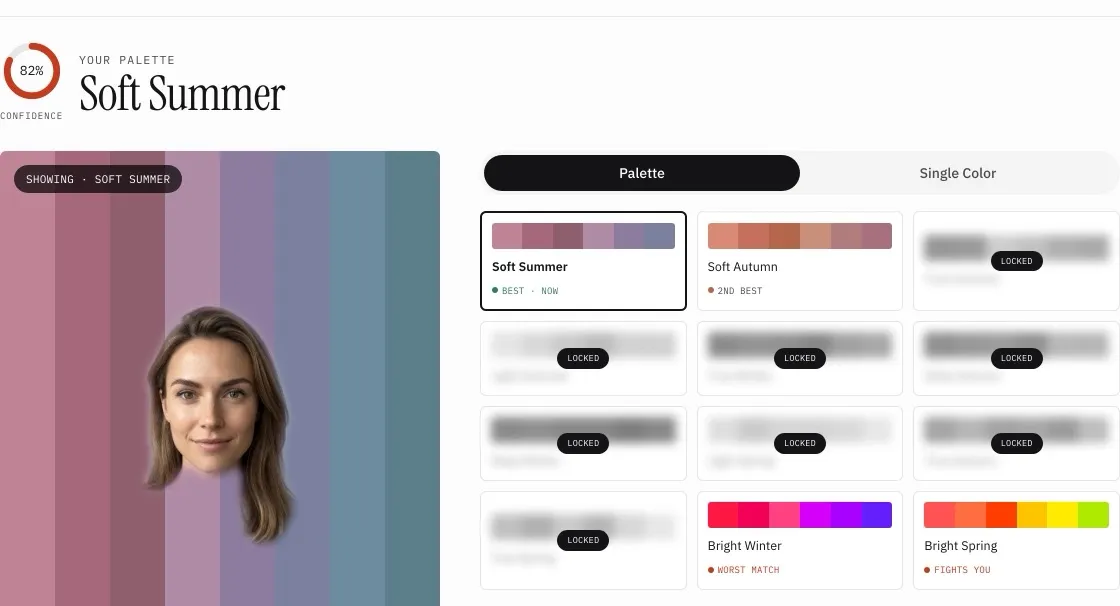The first page of a Soft Summer color report, a face draped on the Soft Summer palette, with all twelve seasons ranked