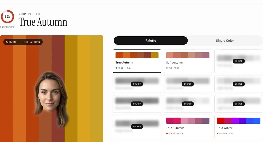 The first page of a True Autumn color report, a face draped on the True Autumn palette, with all twelve seasons ranked