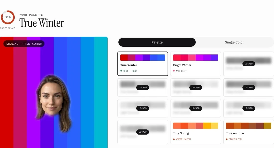 The first page of a True Winter color report, a face draped on the True Winter palette, with all twelve seasons ranked