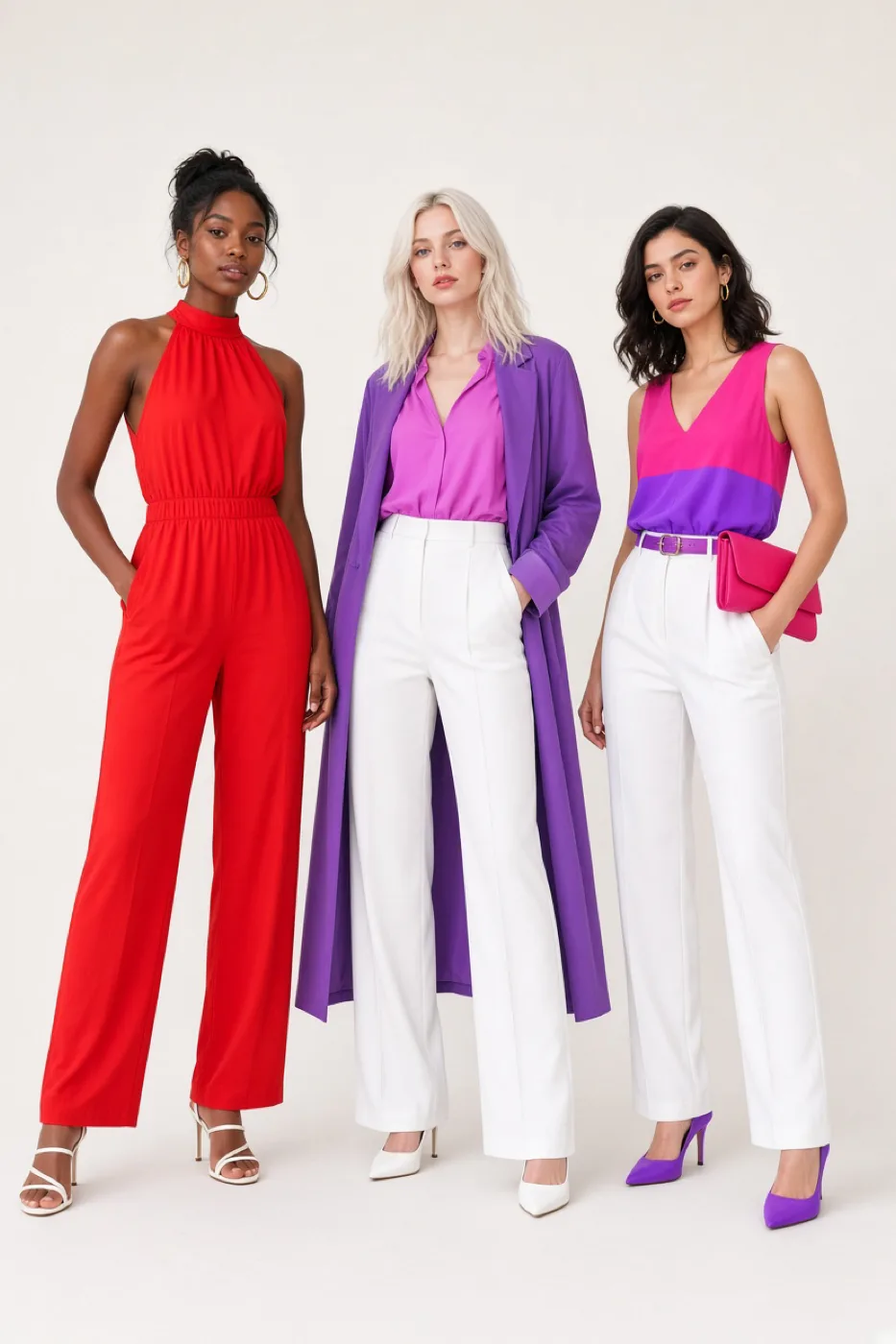 Three women with Bright Winter coloring, each in a different outfit built from the Bright Winter color palette